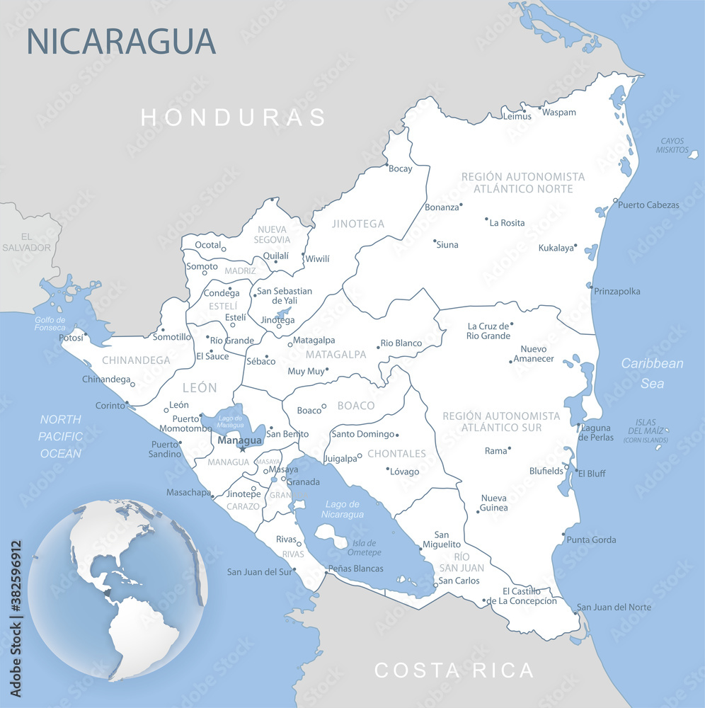 Obraz premium Blue-gray detailed map of Nicaragua and administrative divisions and location on the globe.