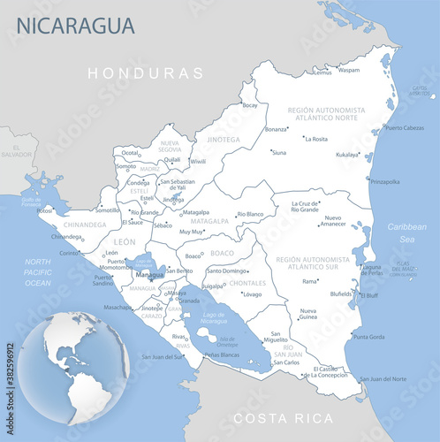 Blue-gray detailed map of Nicaragua and administrative divisions and location on the globe.