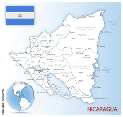 Detailed Nicaragua administrative map with country flag and location on a blue globe.