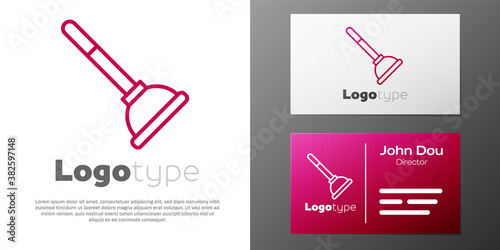 Logotype line Rubber plunger with wooden handle for pipe cleaning icon isolated on white background. Toilet plunger. Logo design template element. Vector.