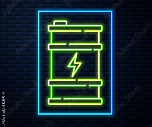 Glowing neon line Bio fuel barrel icon isolated on brick wall background. Eco bio and canister. Green environment and recycle. Vector.
