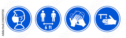 Set of Round Instruction Icons against the Spread of Coronavirus Covid-19, including Wear a Face Mask, Keep Your Distance 6 ft or 6 Feet, Wash Your Hands and Sanitize Your Hands. Vector Image.