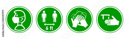 Set of Round Instruction Icons against the Spread of Coronavirus Covid-19, including Wear a Face Mask, Keep Your Distance 6 ft or 6 Feet, Wash Your Hands and Sanitize Your Hands. Vector Image.