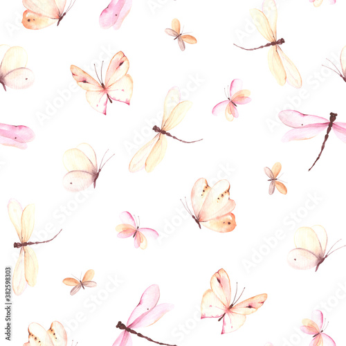 Watercolor seamless pattern with flying butterflies and dragoflies on white background. Cute illustration for wallpaper, textile or wrapping paper. © Nikole