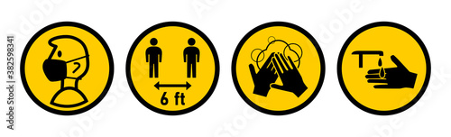 Set of Round Instruction Icons against the Spread of Coronavirus Covid-19, including Wear a Face Mask, Keep Your Distance 6 ft or 6 Feet, Wash Your Hands and Sanitize Your Hands. Vector Image.