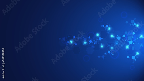 Abstract background of molecules. Molecular structures or DNA strand, genetic engineering, neural network, innovation technology, scientific research. Technological, science and medicine concept.