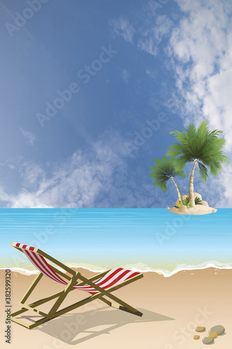 Picturesque tropical island scene with empty deckchair on deserted beach set against a cloudy blue sky