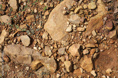 Moist yellow soil with lots of small stones, detailed texture