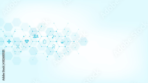Medical background with flat icons and symbols. Template design with concept and idea for healthcare technology, innovation medicine, health, science, and research.