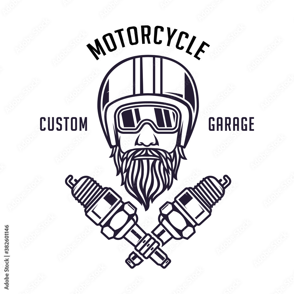 Motorcycle badge illustration concept, bearded rider wearing helmet and glasses with crossed spark plungs Motorcycle badge illustration concept, bearded rider wearing helmet and glasses with crossed spark plungs