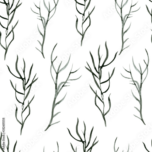 Oriental japan vintage magic watercolor seamless pattern with wild river grass in muted vintage taupe colors.