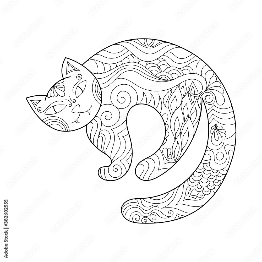 Fototapeta premium Zen doodle scary cat. Halloween boho zentangle insired line art illustration