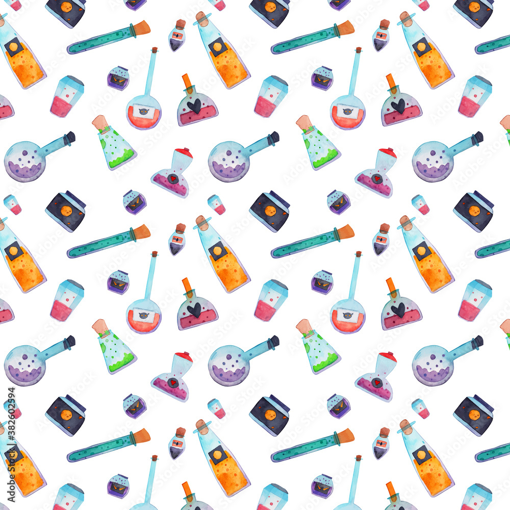 Watercolor magical bottles and flasks. Hand drawn witch and wizard potions seamless pattern. Halloween decorative background. Bright festive wallpaper. Watercolor magical bottles and flasks. Hand drawn witch and wizard potions seamless pattern. Halloween decorative background. Bright festive wallpaper.
