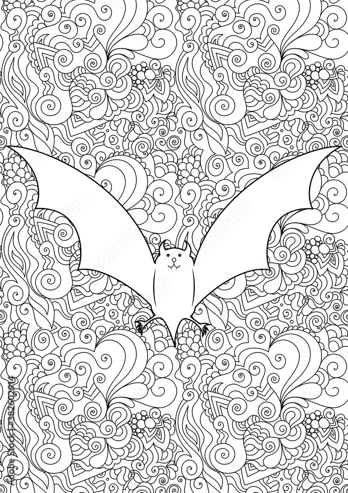 Zen doodle cute scary bat. Halloween boho zentangle insired line art illustration