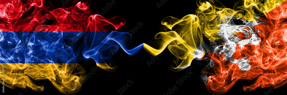 Armenia vs Bhutan, Bhutanese smoky mystic flags placed side by side. Thick colored silky abstract smoke flags