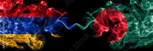 Armenia vs Bangladesh, Bangladeshi smoky mystic flags placed side by side. Thick colored silky abstract smoke flags