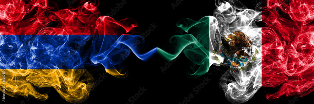 Armenia vs Mexico, Mexican smoky mystic flags placed side by side. Thick colored silky abstract smoke flags