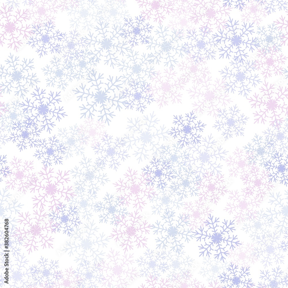 Blue and pink transparent snowflakes on a white background.