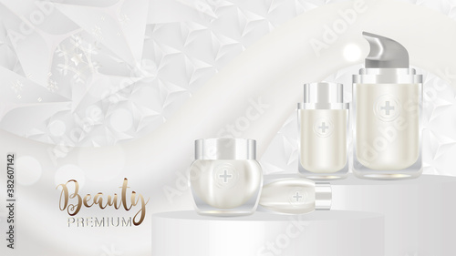 Beauty product ad design, white cosmetic containers with white background ready to use, luxury skin care banner, illustration vector.	