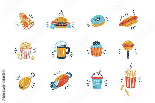 Vector Fast Food Icons Set. Doodle Unhealthy Street Food Collection.