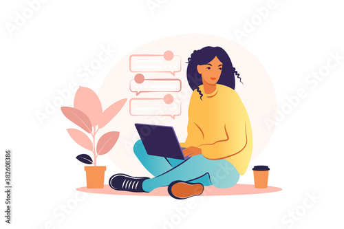 Woman sitting with laptop. Concept illustration for working, studying, education, work from home, healthy lifestyle. Can use for backgrounds, infographics, hero images. Flat. Vector illustration.