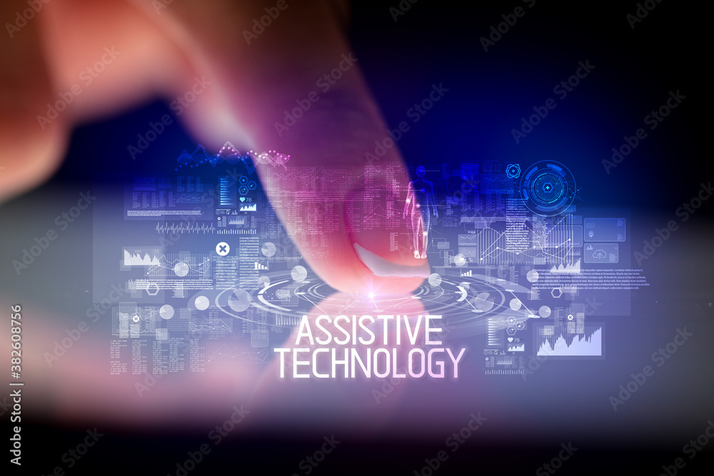 Finger touching tablet with web technology icons and ASSISTIVE TECHNOLOGY inscription