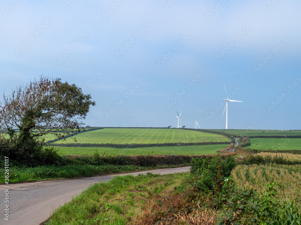 North Devon countryside with wind farm. English countryside.