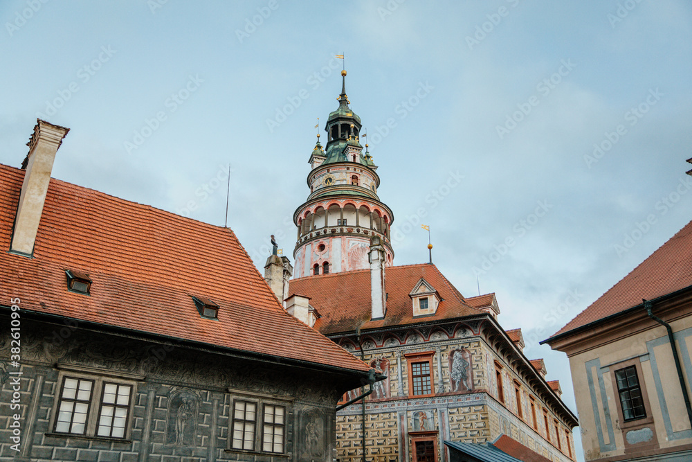 Medieval renaissance castle in sgraffito technique, Cesky Krumlov, South Bohemia, Czech Republic