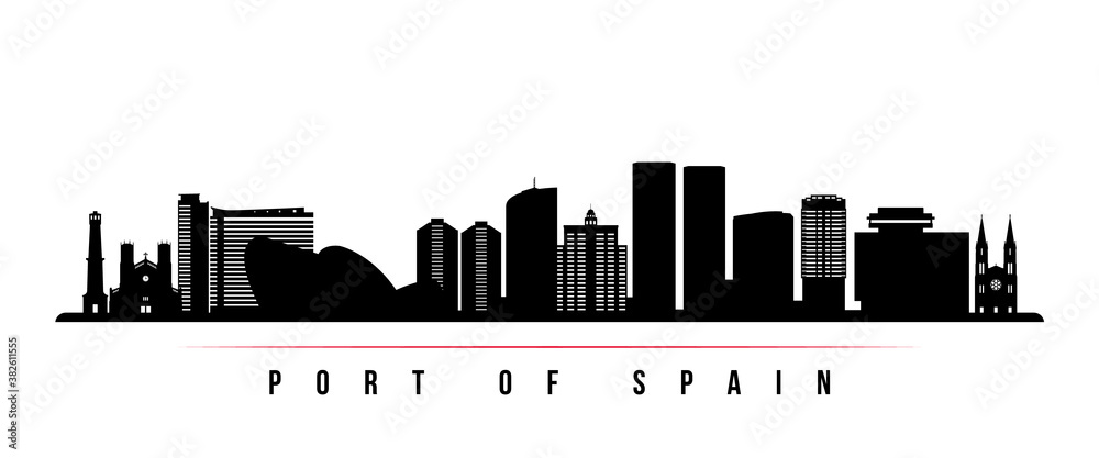Port of Spain skyline horizontal banner. Black and white silhouette of Port of Spain City, Trinidad and Tobago. Vector template for your design.