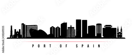 Port of Spain skyline horizontal banner. Black and white silhouette of Port of Spain City  Trinidad and Tobago. Vector template for your design.