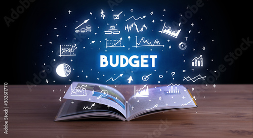 BUDGET inscription coming out from an open book, business concept