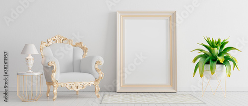 Living room interior design with stylish armchair. White wall and gold details 3d render 3d illustration