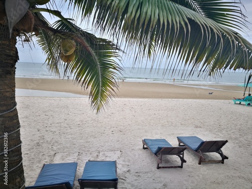 beach bed beside swimming pool at hotel terrace. The famous and beautiful beach place for tourism. photo