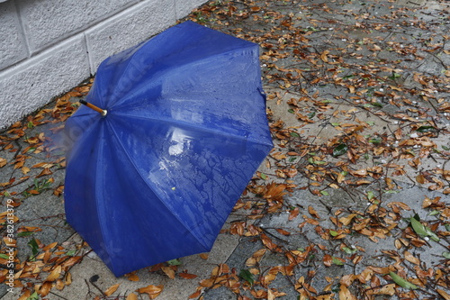 Blue umbrella standing on wet street on a rainy day photo