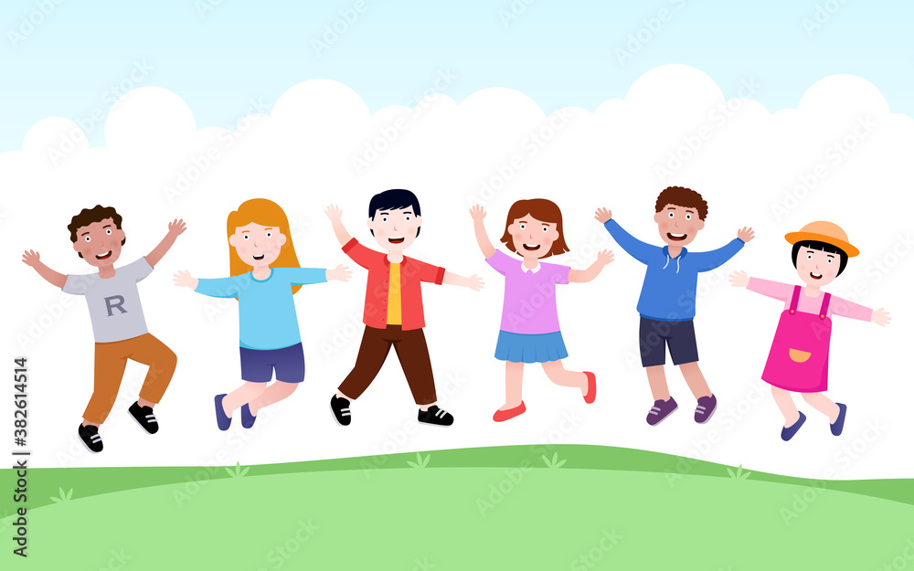 happy kids jumping together, group of children playing in the nature illustration