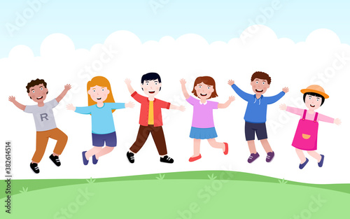happy kids jumping together, group of children playing in the nature illustration