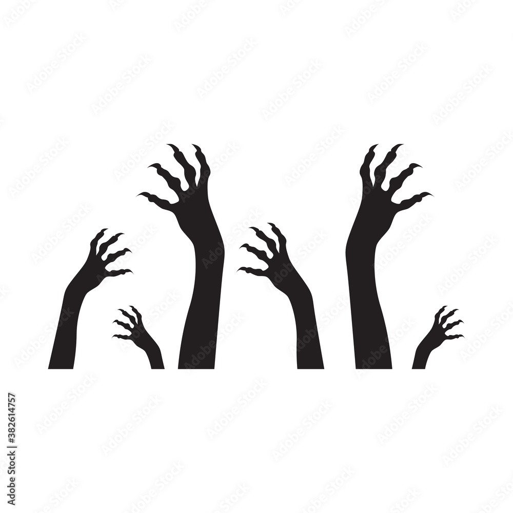 Halloween black vector illustration with witch or zombie hands with long nails  isolated on white background.