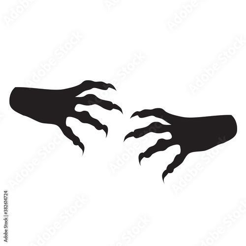 Halloween black vector illustration with witch or zombie hands with long nails  isolated on white background.