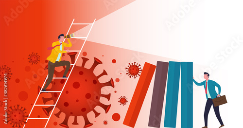 Business vision, protection against virus and risks entrepreneurs and businesses from to outbreak coronavirus. Businessman holds columns graph that have fallen as result effects virus global crisis.
