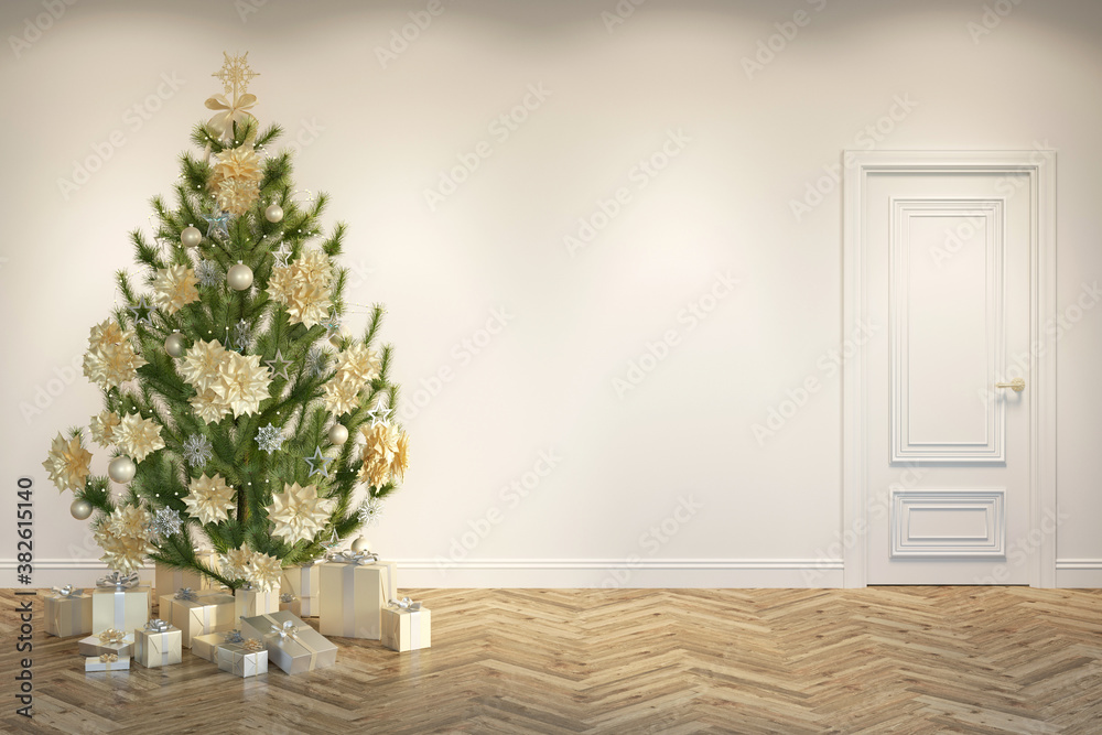 Empty beige room with a door, a Christmas tree with gifts on the parquet floor. Christmas tree decorated with silvery snowflakes and stars, golden balls, and poinsettia flowers. 3d render