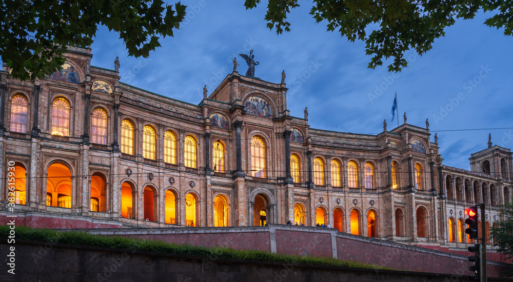 Beautiful shot of the Bavarian parliament, Maximilaneum during the blue hour - obrazy, fototapety, plakaty 