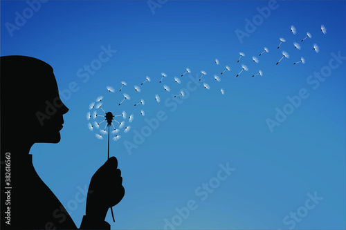 Icon of woman silhouette blowing dandelions. Vector illustration
