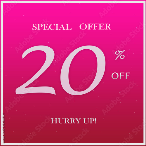 Pink Promotion Special Offer Discount Banner With 20% Off Hurry Up Text Design On Pink Background. photo