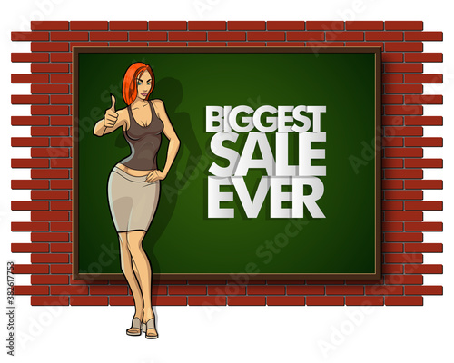 Slim girl on the background "Biggest sale ever" banner. Sexy woman in front of school board banner. Elegant lady on the background sale advertising poster. Advertising discount sale poster