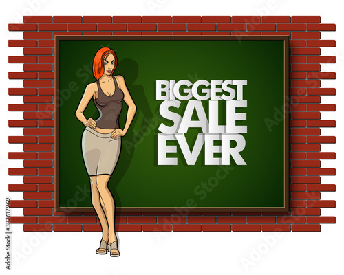 Slim girl on the background "Biggest sale ever" banner. Sexy woman in front of school board banner. Elegant lady on the background sale advertising poster. Advertising discount sale poster