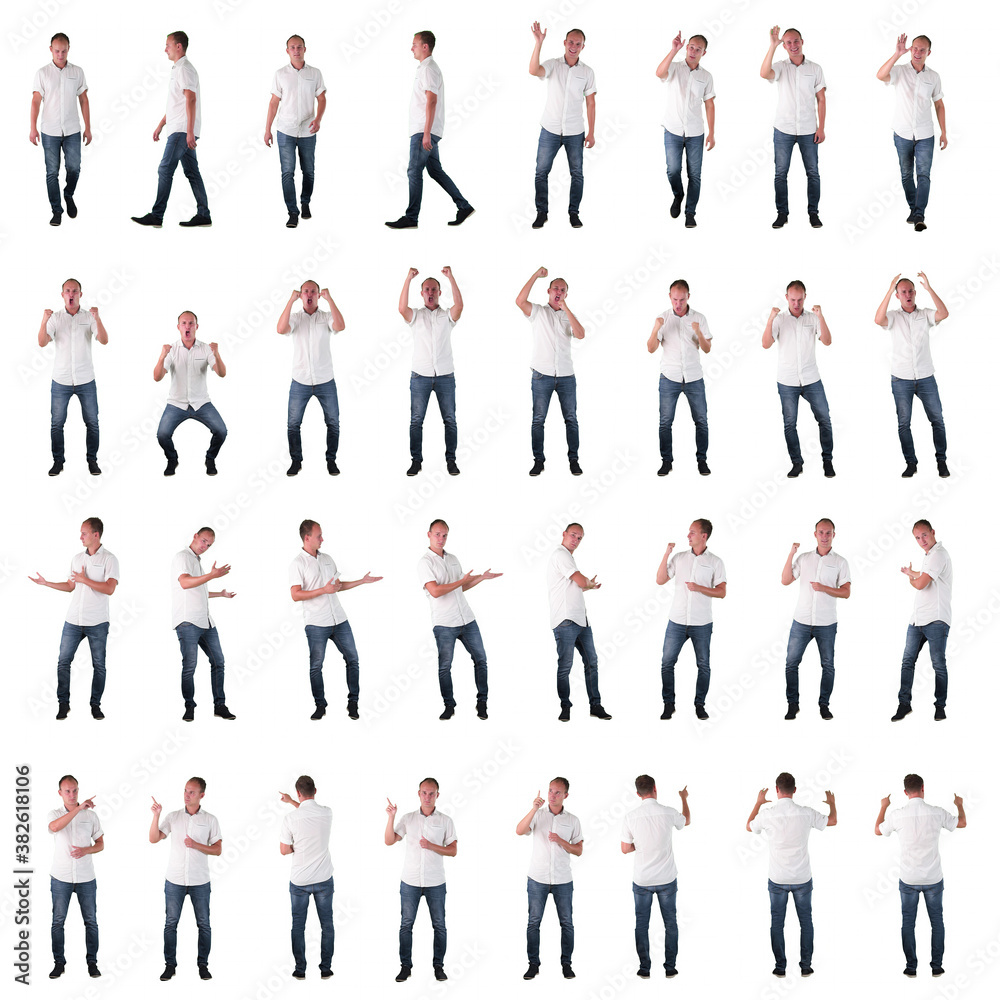 Set of many various business man situations. Cheering, rooting, using touch screen walking or presenting. Full body isolated on white background. Set of many various business man situations. Cheering, rooting, using touch screen walking or presenting. Full body isolated on white background.