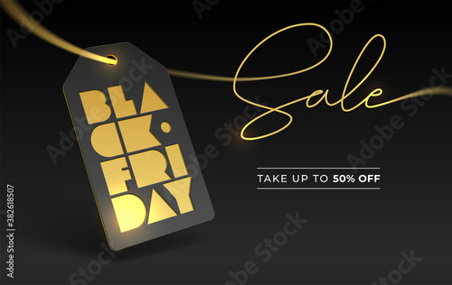 Illustration with BLACK FRIDAY typography and price tag, gold foil letterpress. Discount 50 fifty percent. Banner lettering for online and offline business, shop. Vector template for banner, flyer.