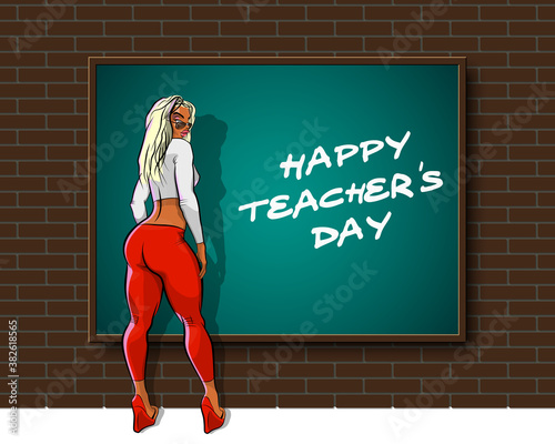 Happy Teacher's Day. Kind woman teacher stands blackboard. Teacher greeting card World teacher's day concept school student girl learning education graphic freehand illustration icon black chalkboard