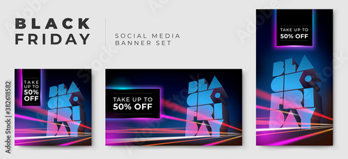 Social media banner set for BLACK FRIDAY SALE with volumetric typography, motion blur effect, long exposure. 3D text on background of night sky. Vector template for flyer, store, business, discount.