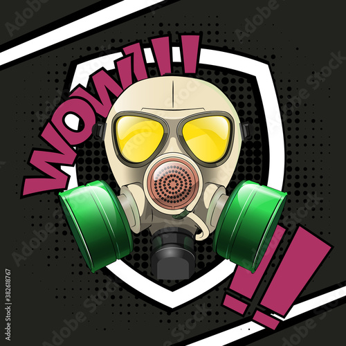 Gas mask respirator skull breather on comics style background. Protective radiation suit in comics badge. Breathing gas mask apparatus with two filters. Color illustration